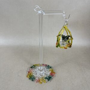 Vintage Mini Spun Blown Glass Bird In Cage Overhang w/Stand 6” Art Decor Display